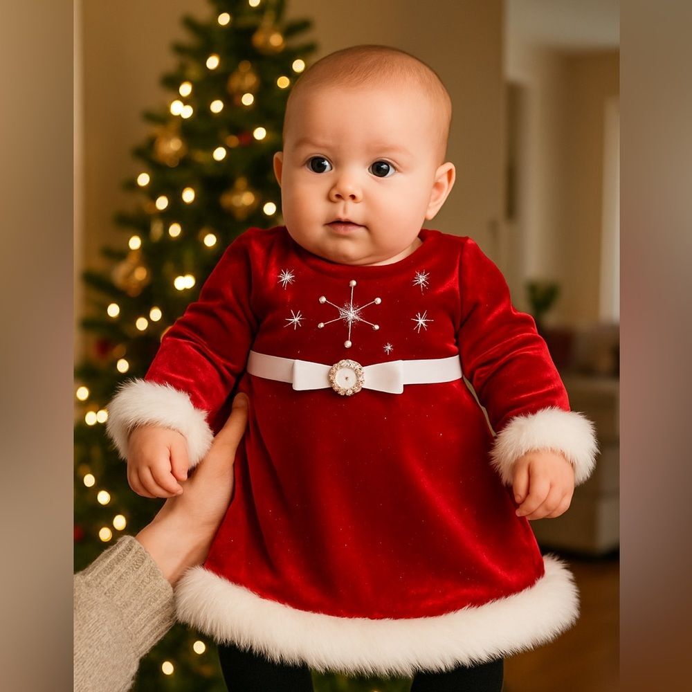 Bonnie Baby 3-6M Red Velvet Christmas Dress Faux Fur Baby Girl Holiday